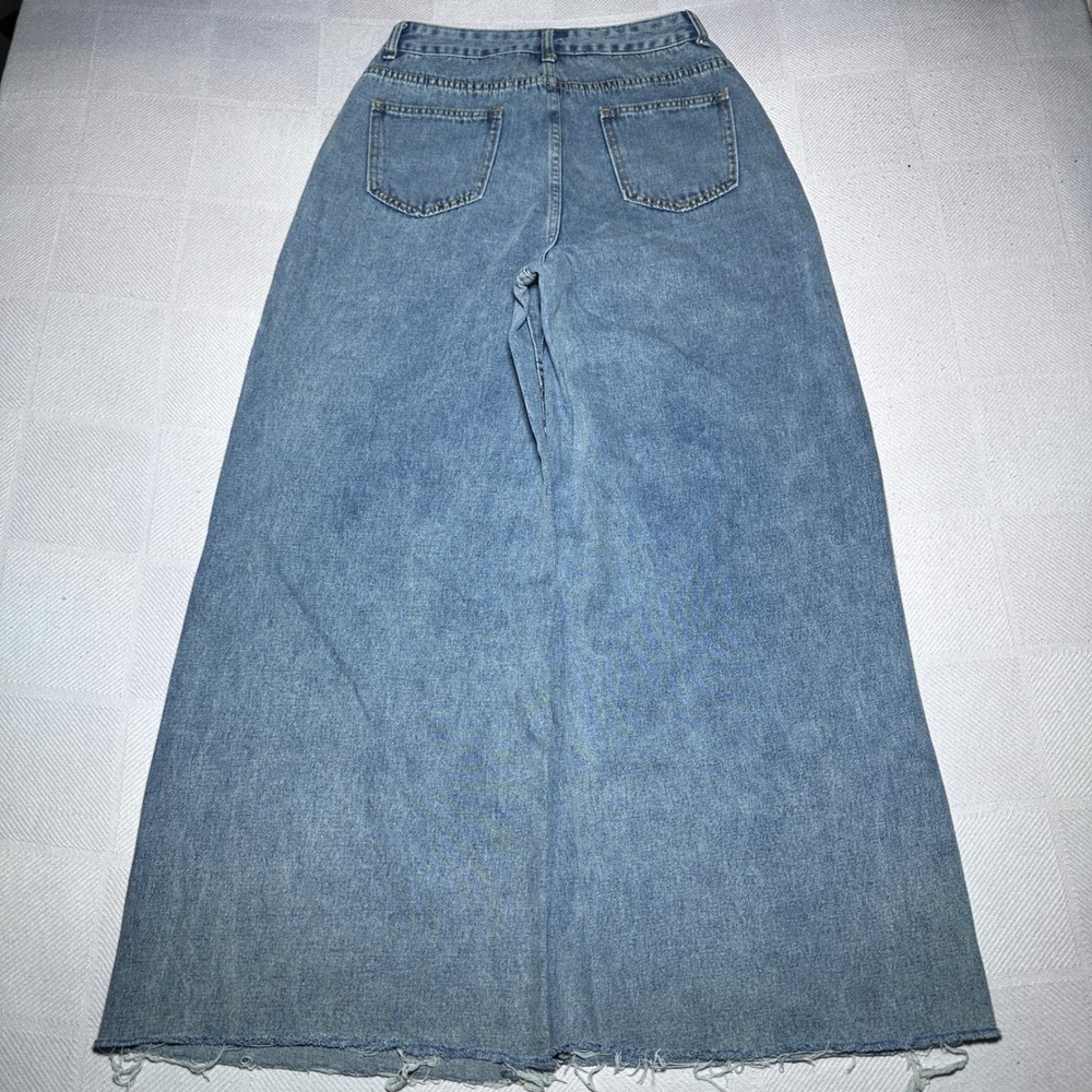 Romwe Wide Leg Jeans Womens Medium 6 Skeleton Skull Oni Demon Print Blue Denim - Picture 8 of 15